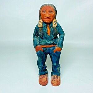 Native American 6 1/2" Vintage Hand Carved Painted‎ Wood Indian Sculpture Figure